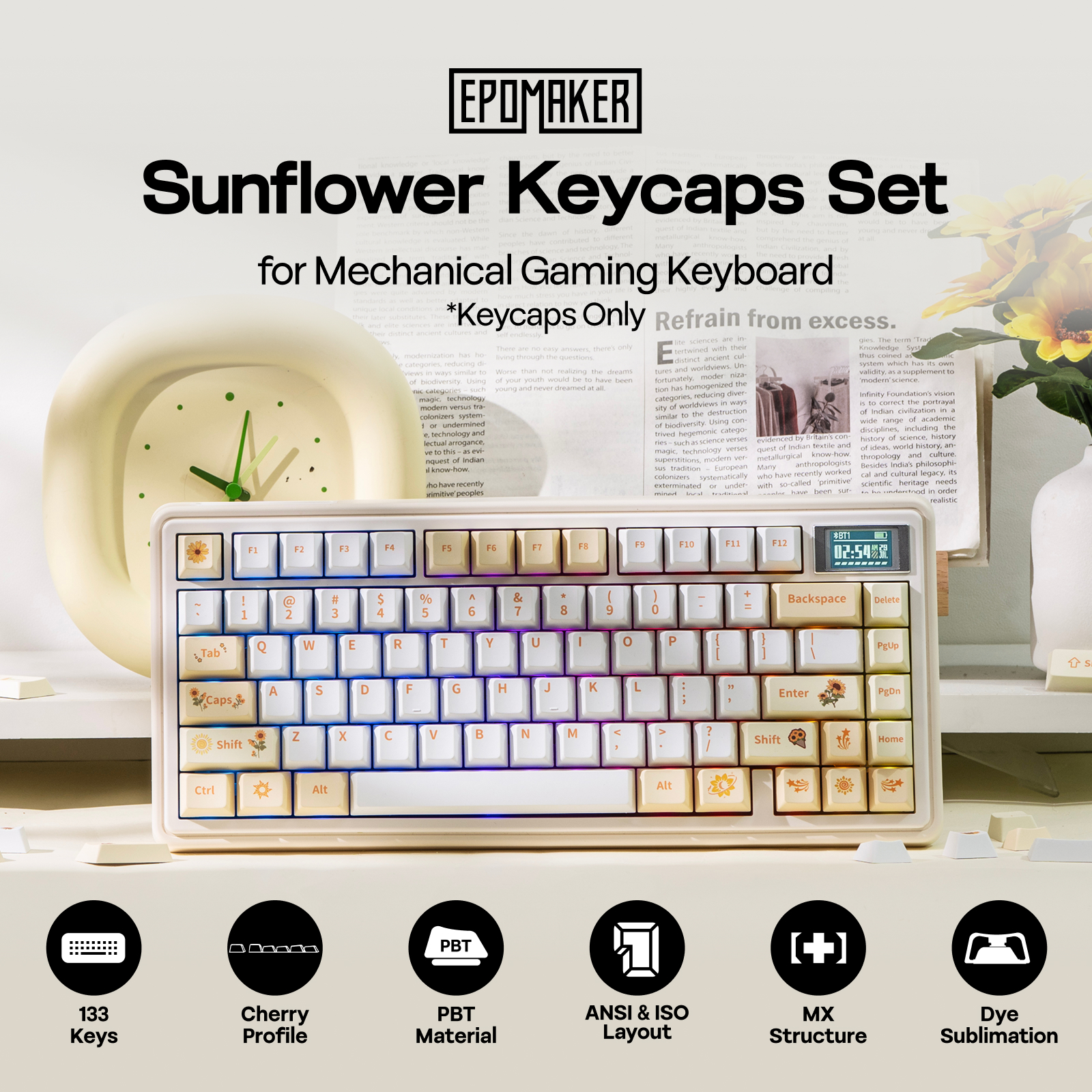 Gaming Keyboard Typewriter - EPOMAKER Sunflower Keycaps Set 133 Cherry